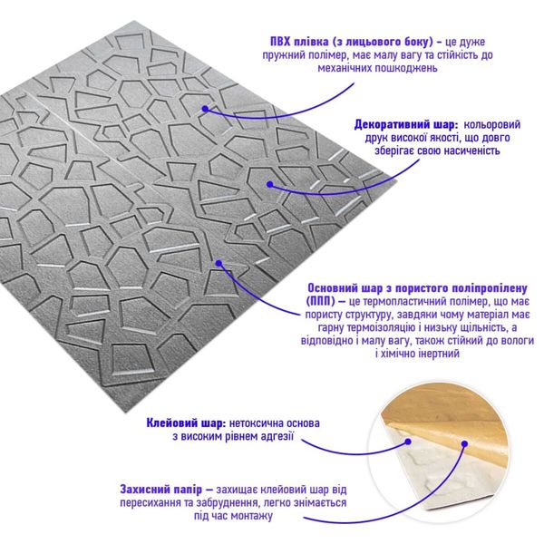 Самоклеюча декоративна настінно-стельова 3D панель срібна 700х700х5мм (118) SW-00000236 SW-00000236 фото