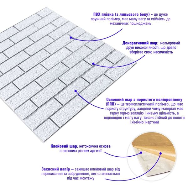 Самоклеюча 3D панель цегла біла смужка срібло 700х770х3мм (100-3) SW-00000752 SW-00000752 фото