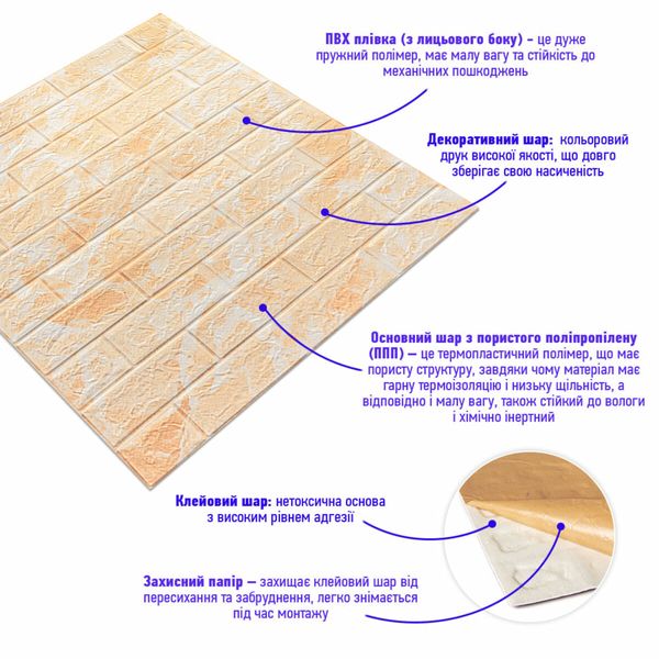 Декоративная 3D панель самоклейка под кирпич Бежевый мрамор 700x770x5мм (062) SW-00000032 SW-00000032 фото