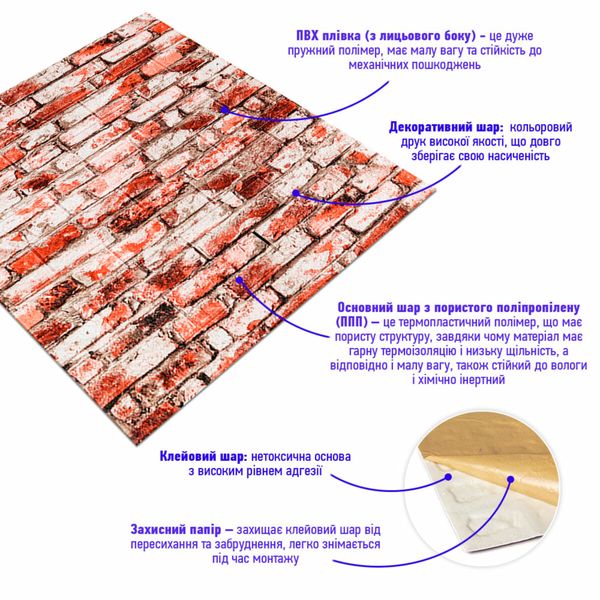 Декоративна 3D панель самоклейка під цеглу Червоно-Біла 700х770х4мм (341) SW-00000533 SW-00000533 фото