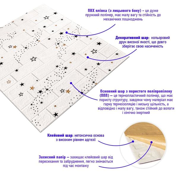 Декоративна 3D панель самоклейка під білий цегла Зірки 700х770х3мм (021-3) SW-00000693 SW-00000693 фото