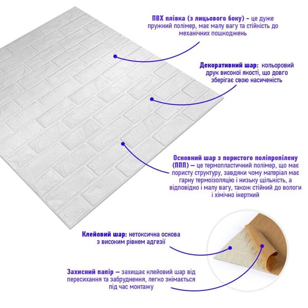 Самоклеюча 3D панель культурний камінь білий 700х800х8мм (196) SW-00000485 SW-00000485 фото